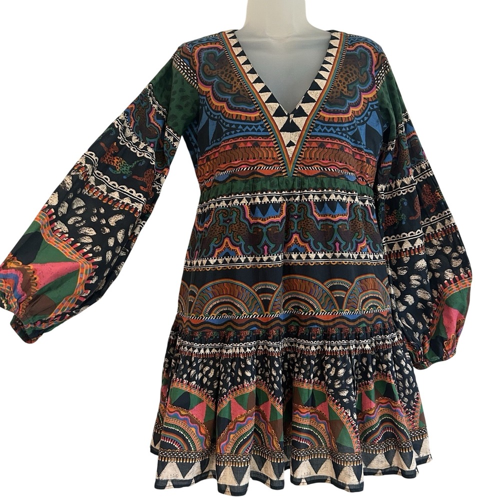 Farm  Rio Anthropologie Tunic Dress Sz XS Balloon Sleeve Colorful Deep V Neck